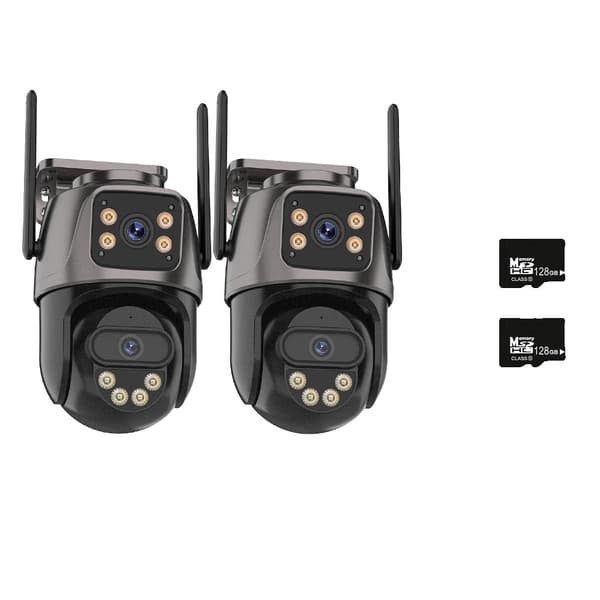 IP-kamera, 4K-resoluutio, kaksoislenssi, 2PCS Lisää 128G Kortti, EU Plug