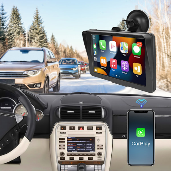 7 Tommer Bil Monitor AirPlay Radio - Universel Multimedie Videoafspiller, HD Trådløs Carplay & Stemmekontrol Smart Screen Player