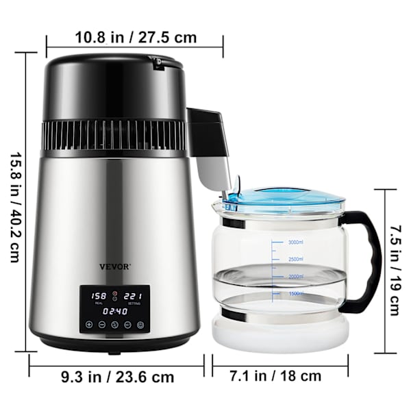 4L Hjemme Vanddestillator - 1,5L/t Hastighed, Touchskærm Tidsindstilling & Tørkogning Beskyttelse Silver