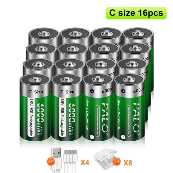 Uppladdningsbart batteri, 6000 mWh kapacitet, snabb laddningstid, 16PCS C Storlek