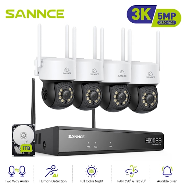 5MP Wi-Fi Overvågningskit, Pan & Tilt, Natvision,4 stykker 1TB 4PCS 1TB 4PCS 1TB