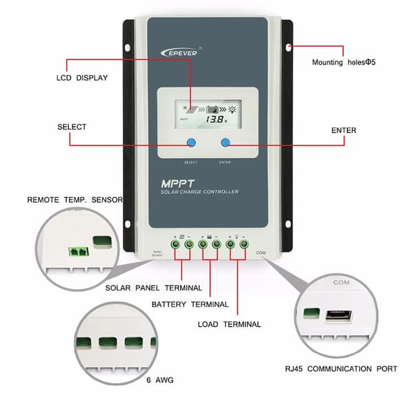 Solcellsregulator, 40A Maximal Ström, LCD-display, 40A