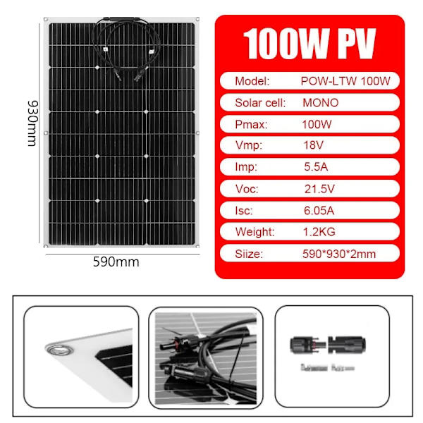 100W Solpanel Kit, Monokristallin, Lätt och Flexibel Design,100W solpanel ENDAST