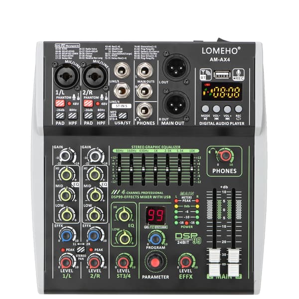 Mini Audio Mixer, 4 Kanaler, 99 DSP Effekter, 4 Kanal-EU STIK
