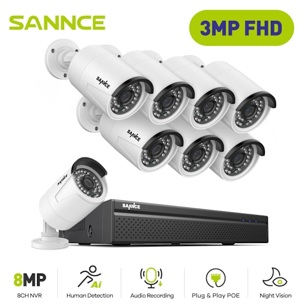 3MP Sikkerhedskamerasystem, Natvision, IP66 Vejrbeskyttet,8 stykker 8pcs 8PCS