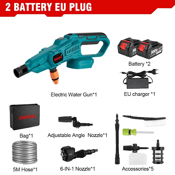 Harjaton sähkökäyttöinen painepesuri, 3500W teho, 200 BAR paine,2 Akku EU-liitin 2 Battery EU Plug 2 Battery EU Plug