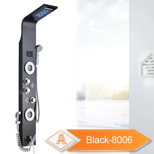 LED Badrum Duschpanel, 6 Lägen Intelligent LCD, Roséguld Regn Vattenfall, Svart Dusch 8006