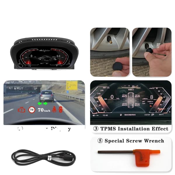 Digital Dashboard, 12,3-tommer LCD, Køretøjskompatibilitet, E60 med digital dæktryk