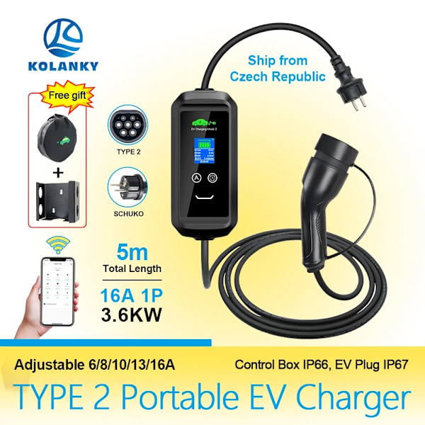 Bärbar EV-laddare 3,6KW, Justerbar Strömstyrka, Bluetooth- och WiFi-anslutning,3,6KW Totalt 5M 3.6KW Total 5M 3.6KW Total 5M