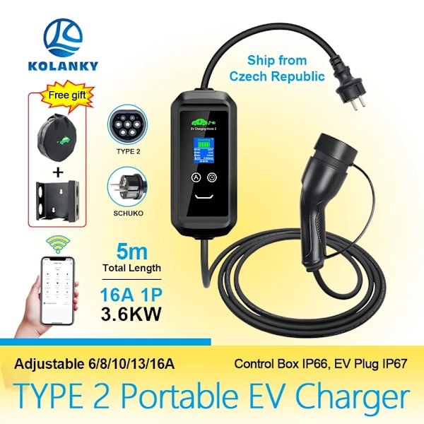 Bærbar EV-lader 3,6KW, Justerbar Strøm, Bluetooth & WiFi Forbindelse,3,6KW Total 5M 3.6KW Total 5M 3.6KW Total 5M