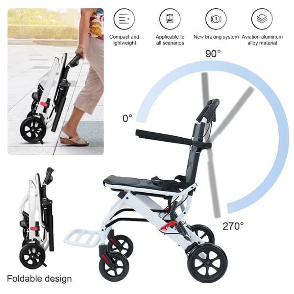 Fällbar rullstol, lättviktig, ergonomisk design, justerbart säkerhetsbälte, Vit