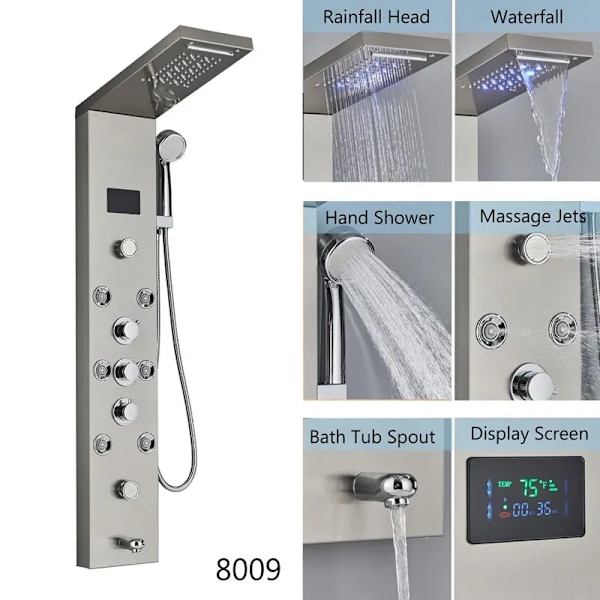 LED Brusepanel med 5 tilstande, Digital Temperaturvisning, Messingkrop,Børstet 8009 Brushed 8009 Brushed 8009