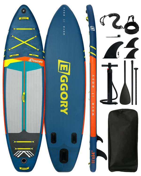 Oppustelig Stand Up Paddle Board, Tri-Fin Konfiguration, Holdbart PVC Materiale, Blå vandrette striber