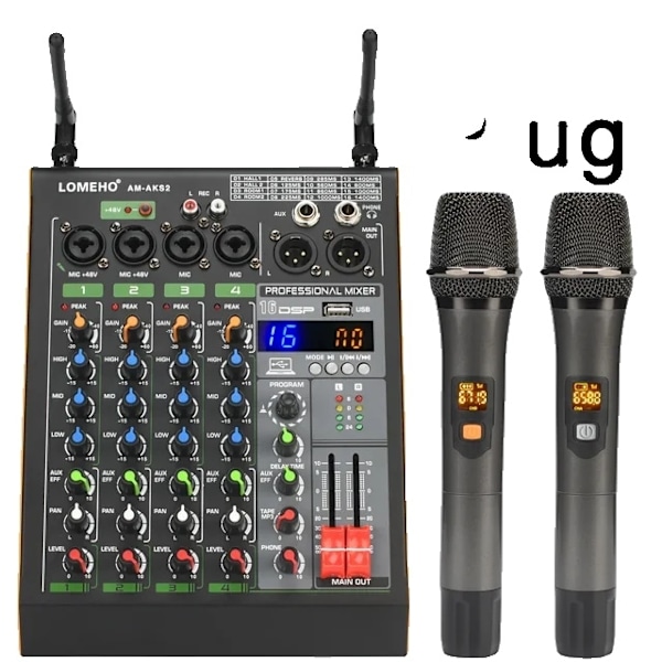 Audio mixer, UHF trådløs mikrofon, USB Bluetooth, EU -stik EU Plug