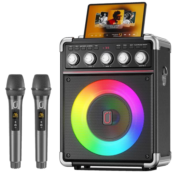 Karaoke Maskine, 6000mAh Batteri, Bærbar, Bluetooth Forbindelse, LED Lys, To Mikrofoner