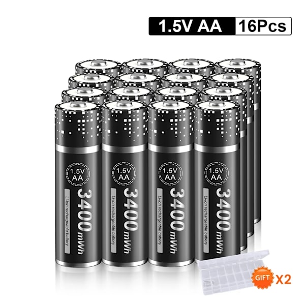 AA Li-Ion Uppladdningsbara Batterier, 3400mWh Hög Kapacitet, CE-certifierade,16 stycken, 1,5V 16 PCS 16 PCS