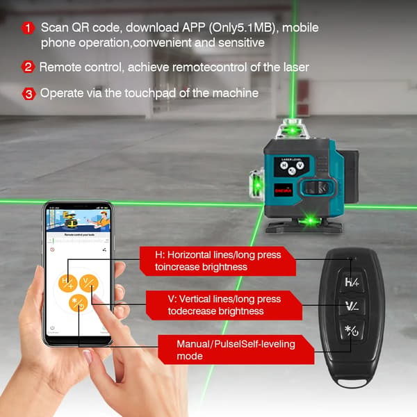 Laser Nivå, 16 Linjer, Vertikal & Horisontell, Smart Enhet, 2xBatteri Set