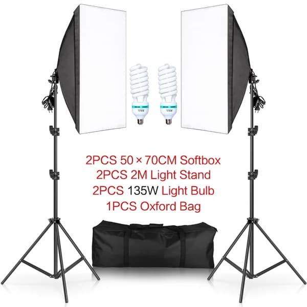 Softbox-belysningskit, justerbart stativ, E27-kompatibilitet, 135W Glödlampor