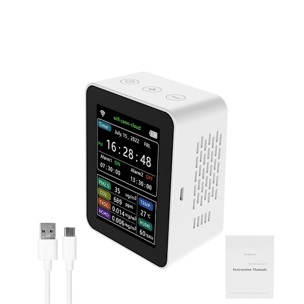 WiFi Ilmanlaadun Tunnistin PM2.5 CO2 TVOC HCHO - 6 in 1, Etäkatselu Black