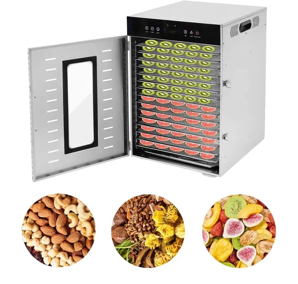 Matdehydrator, Rostfritt stål, 16 brickor, 30-90°C temperaturintervall, 1350W effekt, 0-24H timer