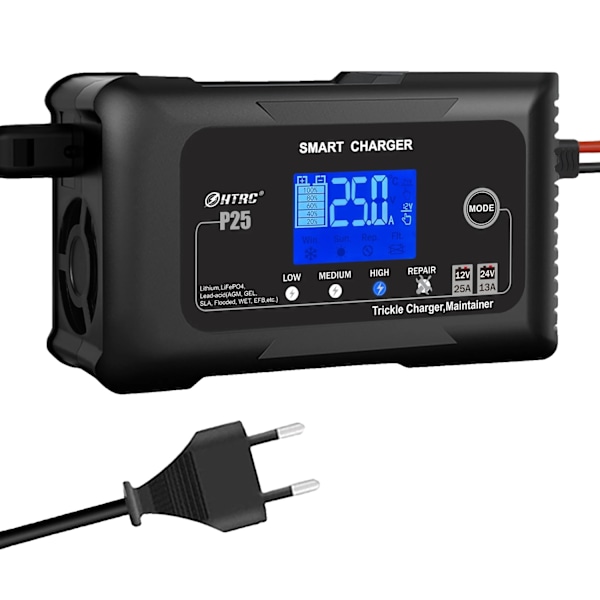 Automatisk bilbatteriladdare 25A, kompatibel med flera batterier, LCD-display,EU-kontakt EU Plug EU Plug