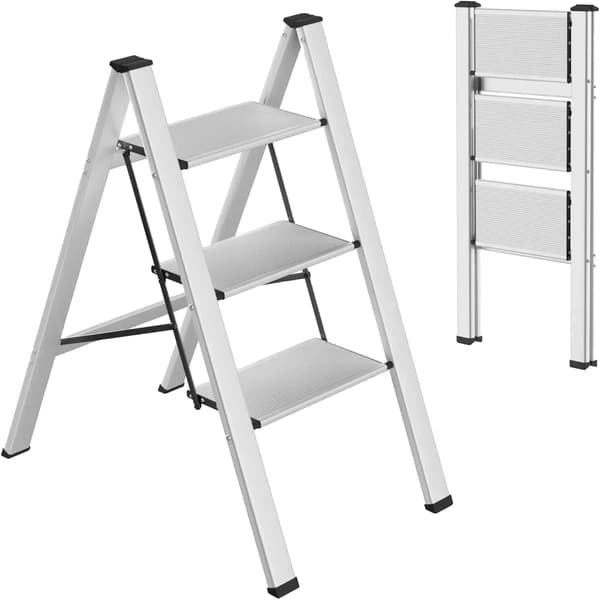 Stege, Lättviktig, Fällbar Design, Silver 3 Stegs Stege