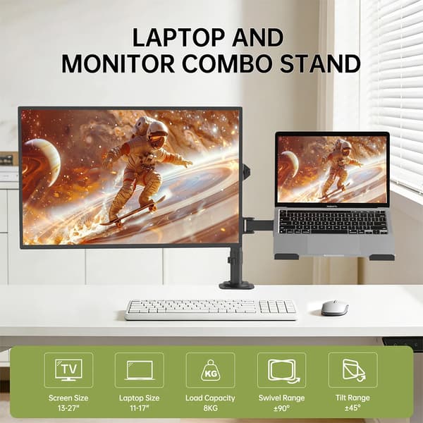 Monitoriteline, ergonominen muotoilu, tilaa säästävä kiinnitys, MUSTA