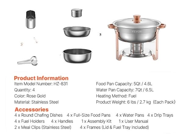 Chafing Dish, Rustfrit Stål, 5QT Kapacitet, rosaguld