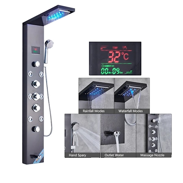 LED Duschpanel, Vattenfall Regn, Digital Display, Svart 8009