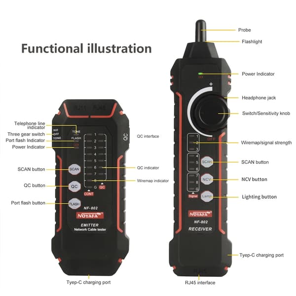 Noyafa NF-802 Kabeltester, Wiremap-funktion, understøtter CAT5 CAT6, NF-802