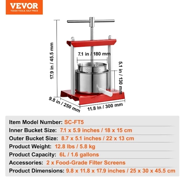 Fruktpress, rostfritt stål, manuell press, 6L 6L 6L