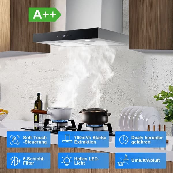Väggmonterad köksfläkt, 700m_/h luftflöde, Energiklass A++,EU