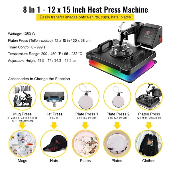 5/6/8 i 1 Varmepresse Maskine - 360° Svingfunktion, Præcis Temperaturkontrol & Dobbelt-Lags Isoleringsteknologi 8 in 1 12x15 Inch