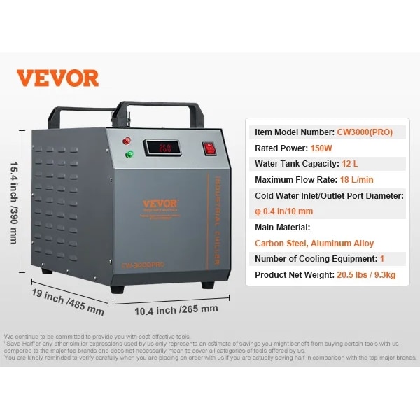 Industriel Vandkøler, 12L Tank, Holdbar Konstruktion af Kulstofstål,150W 18L-min150 watt 18 liter pr. minut 150W 18L-min 150W 18L-min