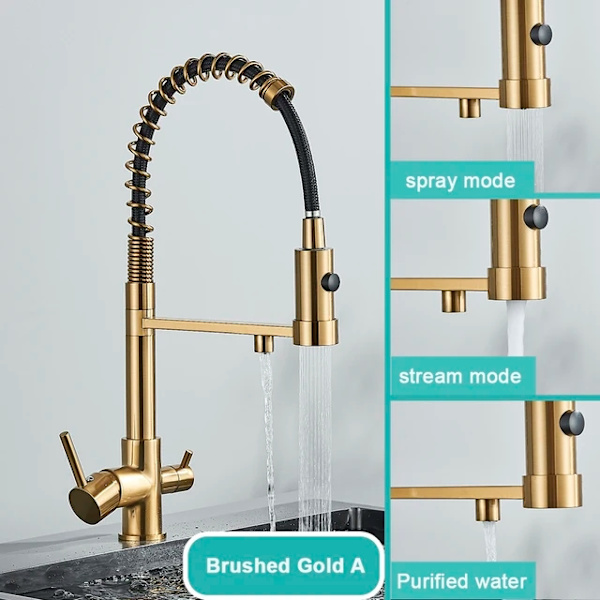 Kökskran, 360 graders rotation, vattenrening, Borstat guld a Brushed gold A Brushed Gold A