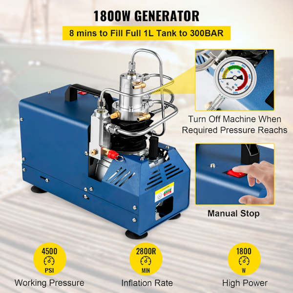 Højtryks PCP Luftkompressor Pumpe, 4500PSI, Olie/Vand Separator, Vandkølesystem 220V Manual Stop