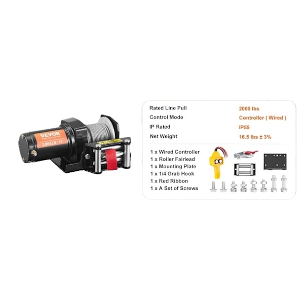 Elektrisk vinsch, 2000 lbs Viktkapacitet, Stålrep 5/32 x 39ft, 2000 pund 2000 pounds 2000 pounds