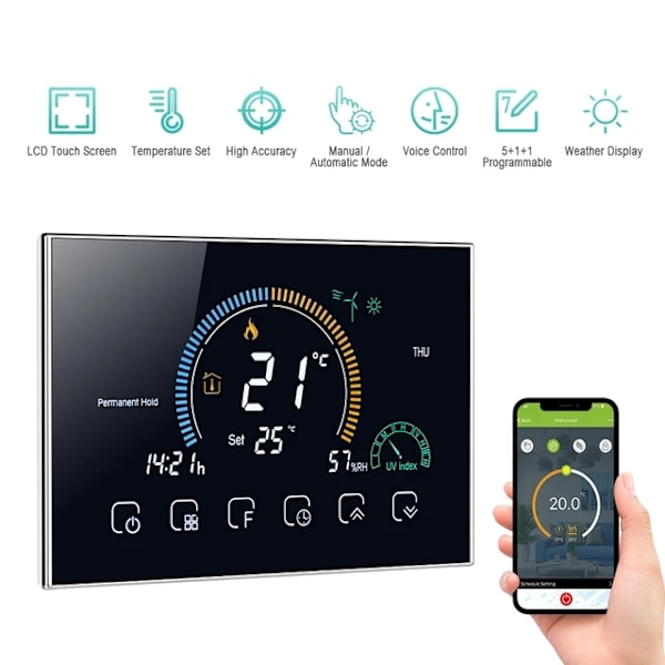 Smart Termostat, WiFi-forbindelse, Stemmestyring, Wifi-Black Wifi-Black Wifi-Black
