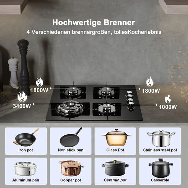 Gaskök, 4-brännare konfiguration, elektronisk tändning, stilren glasdesign
