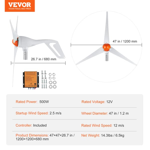 Vindmøllegenerator, Høj Effektivitet, Holdbart Design, 12V 500W 3 Blade