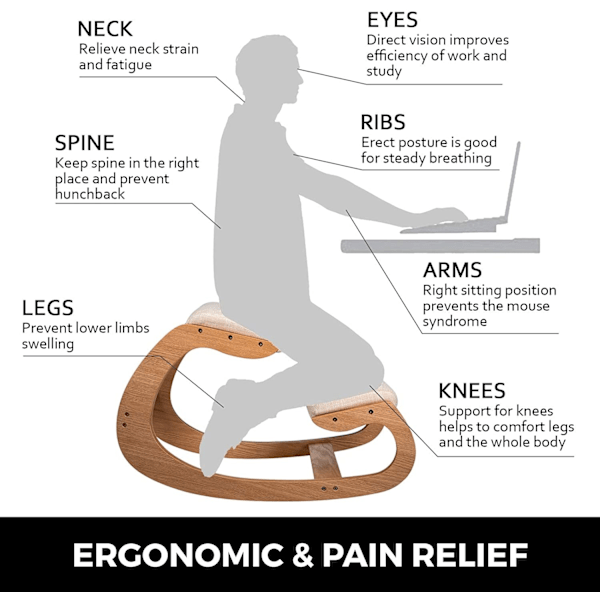 Ergonomisk Knælende Stol - 220 lbs (100 kg) Bæreevne, 5 cm Tyk Pude, 3 Krydsbøjler for Stabilitet Hickory frame