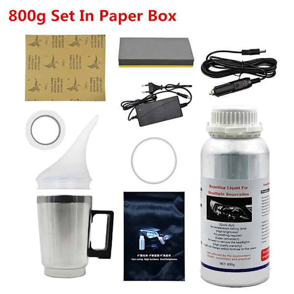 Bilstrålkastarreparationskit, 800 ml vätska, 6 sandpapper, metallatomiseringskopp,800g Pappersset 800g Paper Set 800g Paper Set