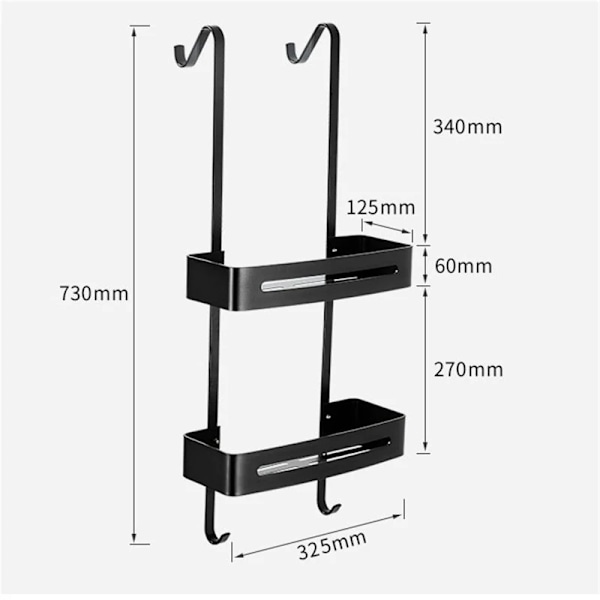 Kaksitasoinen suihkukori, poraamaton asennus, ruosteenkestävä alumiiniseos,musta Black black