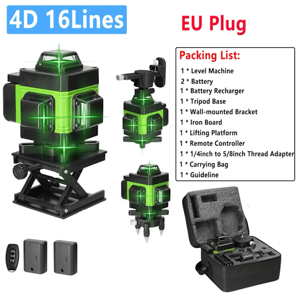 4D 16 Linjers Laser Niveau, Selvnivellerende, Høj Præcision,Sæt1 4D GR EU-stik Set1 4D GR EU Plug Set1 4D GR EU Plug