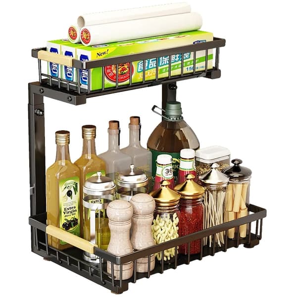 Under Sink Organizer, L-formet design, justerbar højde, glidende kurve, sort