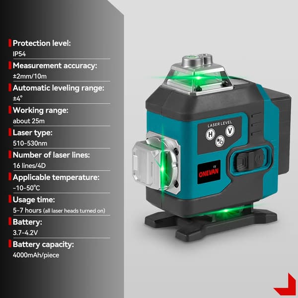 Laser Nivå, 16 Linjer, Vertikal & Horisontell, Smart Enhet, 2xBatteri Set