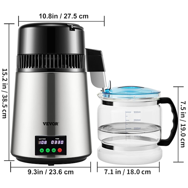 Hem Vattendestillator - 1.1 L/tim, Temp-/Tidsinställning & Torrbränningskydd - Touchskärm, Snabb Värmeavledning & Konstant Tillförsel White