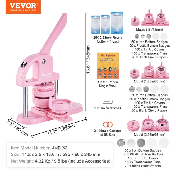 VEVOR Knappemaskine, Ergonomisk Design, Inkluderer Mr. Panda Bog, 3i1 Pink