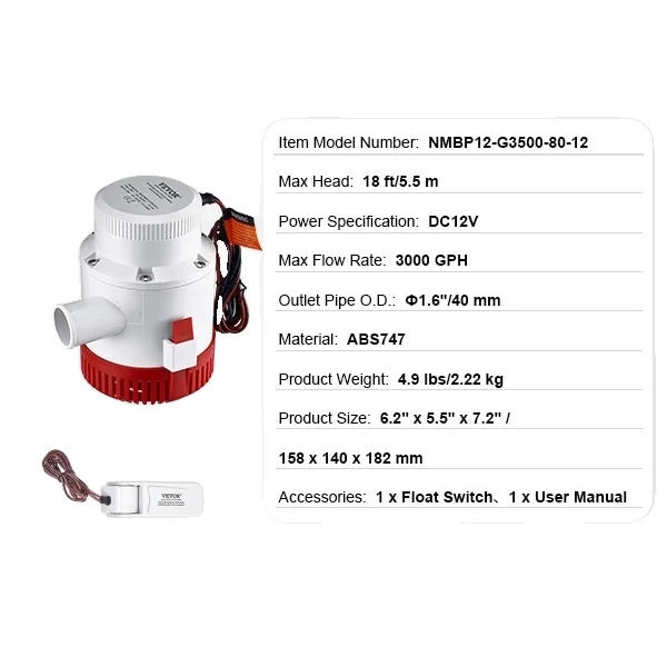 Högflödeslänspump, 3000 GPH, Automatisk drift,3 000 GPH 40 mm utlopp 3000GPH 40mm Outlet