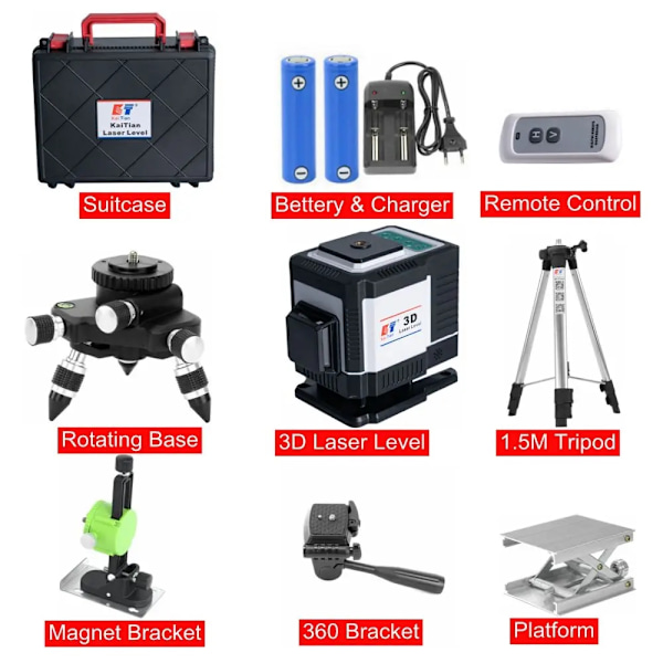 3D Laser Niveau, 12 Linjer, Høj Præcision Måling,Grøn Laser Stativ Green Laser Tripod Green Laser Tripod